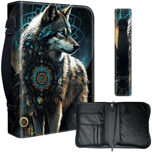 Bibelhülle aus PU-Leder für Damen, Leder-Bibeltragetasche für Männer, Kirchentasche, große schützende Bibelhülle für den täglichen Studium, Traumfänger, Wolf von Decahouy
