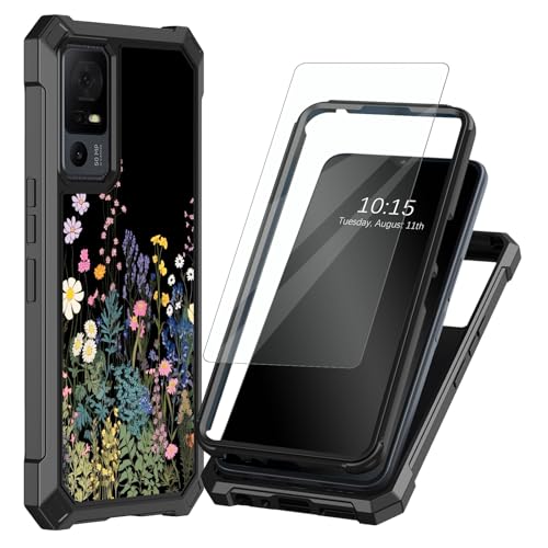 Decahouy Schutzhülle für TCL 40XE 5G, TCL 40X Hülle mit Displayschutzfolie, schwer, zweilagig, schlank, stoßfest, stoßfest, langlebig, schwarz, für TCL 40 X 5G 16,7 cm (6,5 Zoll), Mitternachtsblumen von Decahouy