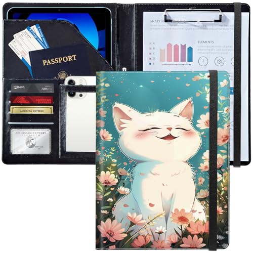 Dokumentenmappe aus Leder mit Klemmbrett, A4, Organizer für Lebensläufe, Notizblock und Kartenhalter, für Männer und Frauen, Business, Büro, niedliche weiße Katze, lachend von Decahouy