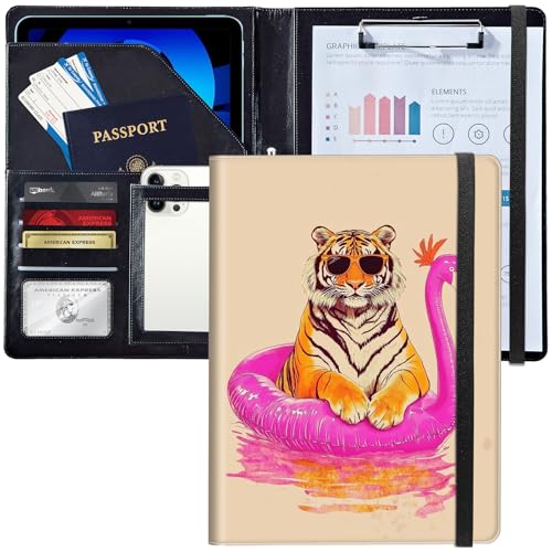 Dokumentenmappe aus Leder mit Klemmbrett, A4, Organizer für Lebensläufe, Notizblock und Kartenhalter, für Männer und Frauen, geschäftliche Nutzung, Büro, niedlicher Tiger trägt Brille von Decahouy