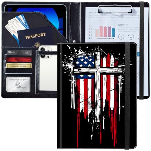 Leder-Padfolio-Ordner mit Klemmbrett, personalisierbar, A4-Format, Lebenslauf-Organizer, Schreibblock und Kartenhalter für Männer und Frauen, Büro, amerikanische Flagge, Kreuz von Decahouy
