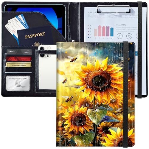 Leder-Padfolio-Ordner mit Klemmbrett, personalisierter A4-Brief-Organizer, Schreibblock und Kartenhalter für Männer und Frauen, Büro, Sonnenblume und Bienen bei Regen Leder-Padfolio-Ordner mit Klemmbrett, personalisierter A4-Brief-Organizer, Schreibblock und Kartenhalter für Männer und Frauen, Büro, Sonnenblume und Bienen bei Regen von Decahouy