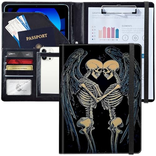 Leder-Padfolio-Ordner mit Klemmbrett, personalisierter A4-Brief-Organizer, Schreibblock und Kartenhalter für Männer und Frauen, Büro, zwei verliebte Skelett-Engel Leder-Padfolio-Ordner mit Klemmbrett, personalisierter A4-Brief-Organizer, Schreibblock und Kartenhalter für Männer und Frauen, Büro, zwei verliebte Skelett-Engel von Decahouy