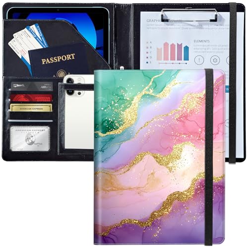 Leder-Padfolio-Portfolio-Ordner mit Klemmbrett, personalisierter A4-Briefgröße, Lebenslauf-Organizer, Schreibblock und Kartenhalter für Männer, Frauen, Büro, rosa und violett, Aquarell von Decahouy