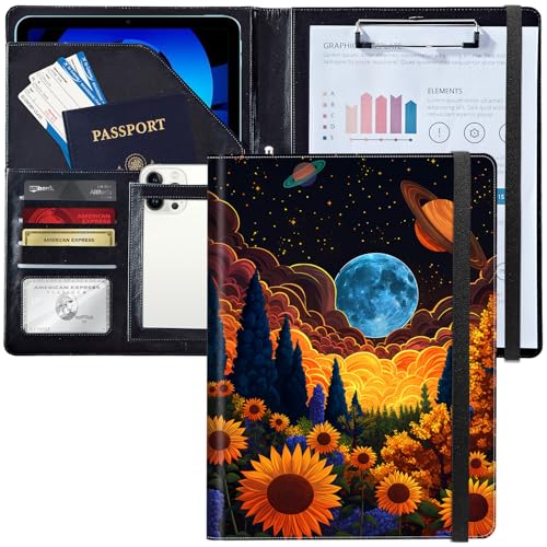 Leder-Padfolio-Portfolio-Ordner mit Klemmbrett, personalisierter A4-Briefgröße, Lebenslauf-Organizer, Schreibblock und Kartenhalter für Männer und Frauen, Büro, Sonnenblumen, Wald und Planeten von Decahouy