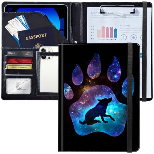 Leder-Padfolio-Portfolio-Ordner mit Klemmbrett, personalisierter A4-Briefgröße, Lebenslauf-Organizer, Schreibblock und Kartenhalter für Männer und Frauen, Büro, Wolfs- und Wolfpfotenabdruck von Decahouy