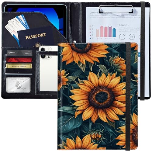 Leder-Padfolio-Portfolio-Ordner mit Klemmbrett, personalisierter A4-Briefgröße, Lebenslauf-Organizer, Schreibblock und Kartenhalter für Männer und Frauen, Büro, lebendige Sonnenblumen von Decahouy