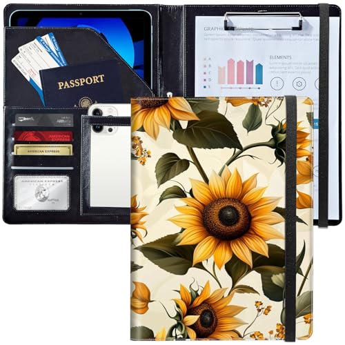 Leder-Padfolio-Portfolio-Ordner mit Klemmbrett, personalisierter A4-Briefgröße, Lebenslauf-Organizer, Schreibblock und Kartenhalter für Männer und Frauen, Büro, schöne Sonnenblumen von Decahouy