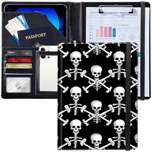 Leder-Padfolio-Portfolio-Ordner mit Klemmbrett, personalisierter A4-Briefgröße, Lebenslauf-Organizer, Schreibblock und Kartenhalter für Männer und Frauen, Büro, schwarz-weiße Cartoon-Skelette Leder-Padfolio-Portfolio-Ordner mit Klemmbrett, personalisierter A4-Briefgröße, Lebenslauf-Organizer, Schreibblock und Kartenhalter für Männer und Frauen, Büro, schwarz-weiße Cartoon-Skelette von Decahouy