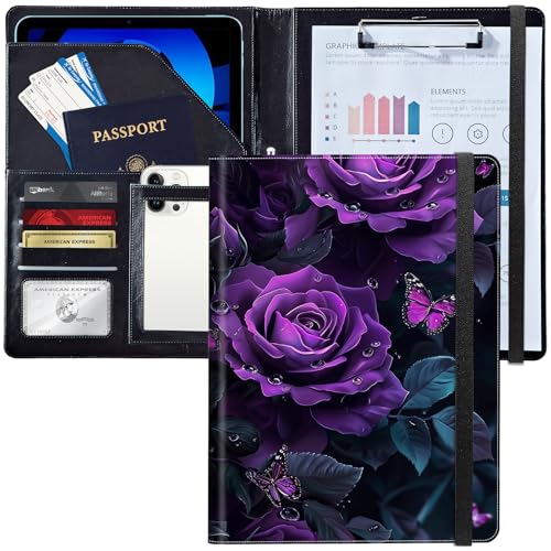 Leder-Padfolio-Portfolio-Ordner mit Klemmbrett, personalisierter A4-Briefgröße, Lebenslauf-Organizer, Schreibblock und Kartenhalter für Männer und Frauen, Büro, violette Rosen und Schmetterlinge von Decahouy