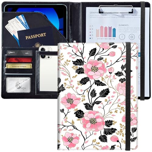 Ledermappe mit Briefbeschwerer, personalisierbar, A4, Notizblock, Kartenhalter für Damen und Herren, rosa Blumenmuster von Decahouy