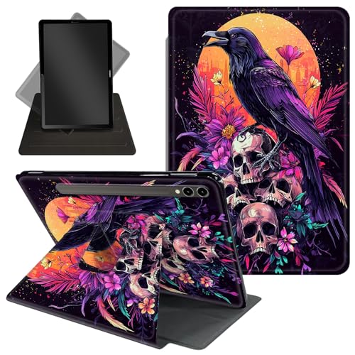 Schutzhülle für Samsung Galaxy Tab S10 Ultra/Tab S9 Ultra Tablet 360 Grad drehbarer Ständer, Schutzhülle mit automatischer Auf-/Schlaf-Funktion für Tab S10 Ultra, Rabenmond und Totenköpfe von Decahouy