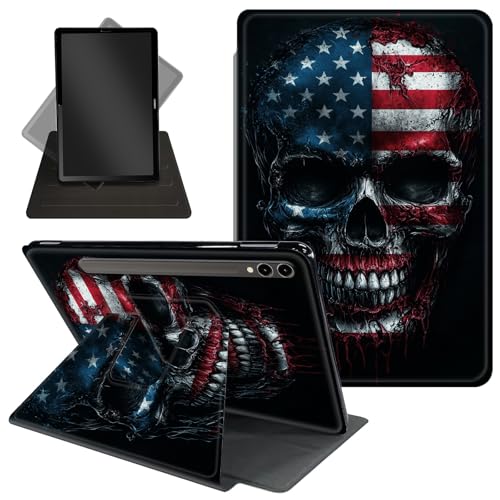 Schutzhülle für Samsung Galaxy Tab S10 Ultra/Tab S9 Ultra Tablet 360 Grad drehbarer Ständer, Schutzhülle mit automatischer Auf-/Schlaf-Funktion für Tab S10 Ultra, Totenkopf mit amerikanischer Flagge von Decahouy