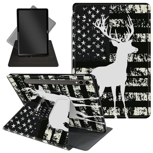 Schutzhülle für Samsung Galaxy Tab S10 Ultra/Tab S9 Ultra Tablet 360 Grad drehbarer Ständer, Schutzhülle mit automatischer Auf-/Schlaf-Funktion für Tab S10 Ultra, amerikanische Flagge, Elch, Hirsch von Decahouy