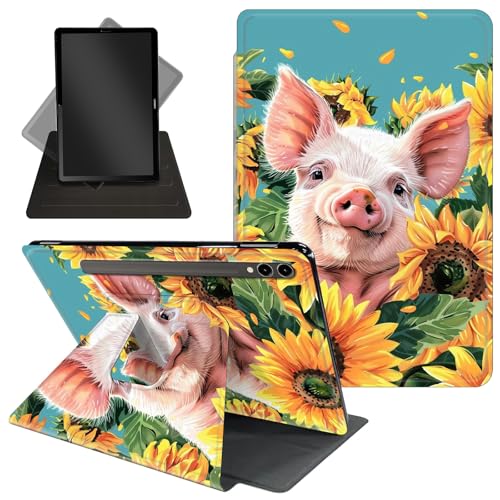 Schutzhülle für Samsung Galaxy Tab S10 Ultra/Tab S9 Ultra Tablet 360 Grad drehbarer Ständer, Schutzhülle mit automatischer Auf-/Schlaf-Funktion für Tab S10 Ultra, süßes Babyschwein und Sonnenblume von Decahouy