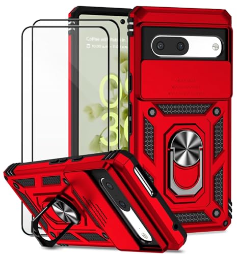 Dechyi für Google Pixel 7a Hülle mit Panzerglas Schutzfolie Schutzhülle mit Kameraschieber Case 360° Drehbarer Militä Ständer Stoßfest Cover-Rot von Dechyi