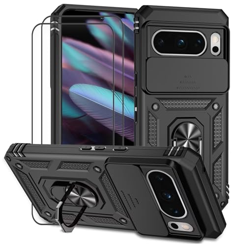 Dechyi für Google Pixel 8 pro Hülle mit Panzerglas Schutzfolie Schutzhülle mit Kameraschieber Case 360° Drehbarer Militä Ständer Stoßfest Cover-Schwarz von Dechyi