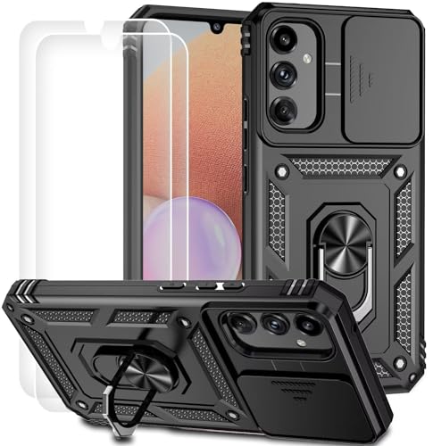 Dechyi für Samsung Galaxy A14 4G/5G Hülle mit Panzerglas Schutzfolie Schutzhülle mit Kameraschieber Case 360° Drehbarer Militä Ständer Stoßfest Cover-Schwarz von Dechyi