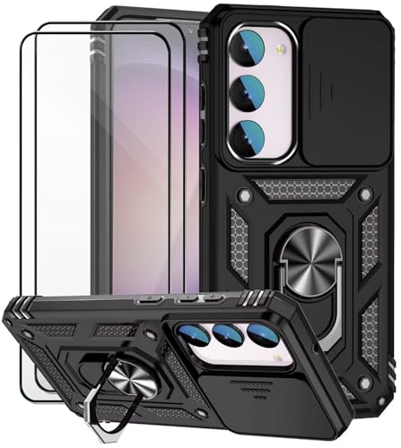 Dechyi für Samsung Galaxy S23 FE Hülle mit Panzerglas Schutzfolie Schutzhülle mit Kameraschieber Case 360° Drehbarer Militä Ständer Stoßfest Cover Case-Schwarz von Dechyi