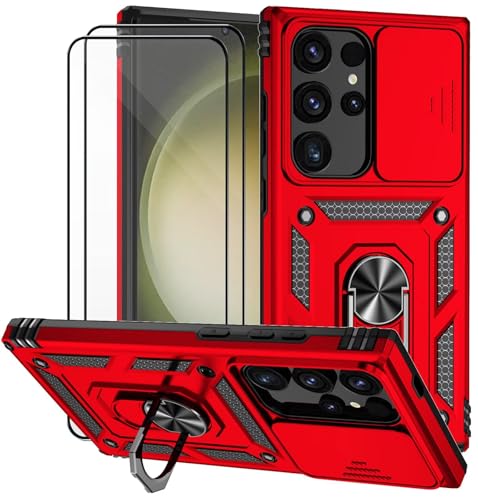 Dechyi für Samsung Galaxy S24 Ultra Hülle mit Panzerglas Schutzfolie Schutzhülle mit Kameraschieber Case 360° Drehbarer Militä Ständer Stoßfest Cover Case-Rot von Dechyi