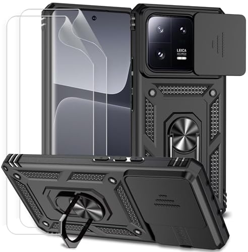 Dechyi für Xiami 13 Pro 5G Hülle mit Schutzfolie mit Kameraschieber Case 360° Drehbarer Militä Ständer Stoßfest Cover-Schwarz von Dechyi