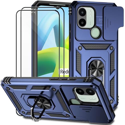 Dechyi für Xiaomi Redmi A1+/Redmi A1 Hülle mit Panzerglas Schutzfolie Schutzhülle mit Kameraschieber Case 360° Drehbarer Militä Ständer Stoßfest Cover-Blau von Dechyi