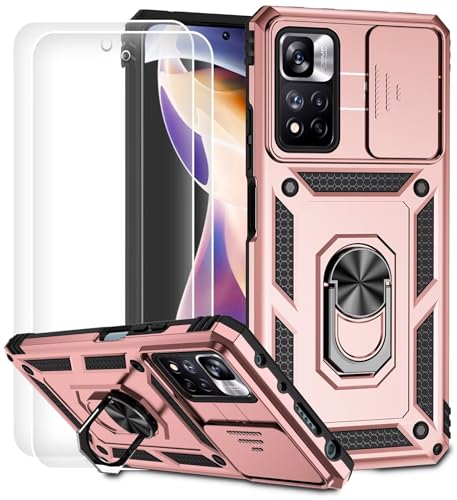 Dechyi für Xiaomi Redmi Note 11 Pro 5G/Note 11 Pro 4G/Note 12 pro 4G Hülle mit Panzerglas Schutzfolie Schutzhülle mit Kameraschieber Case 360° Drehbarer Militä Ständer Stoßfest Cover-Rosa von Dechyi