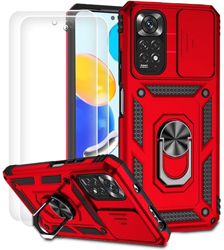 Dechyi für Xiaomi Redmi Note 11S 4G/Xiaomi Redmi Note 11 4G Hülle mit Panzerglas Schutzfolie Schutzhülle mit Kameraschieber Case 360° Drehbarer Militä Ständer Stoßfest Cover-Rot von Dechyi