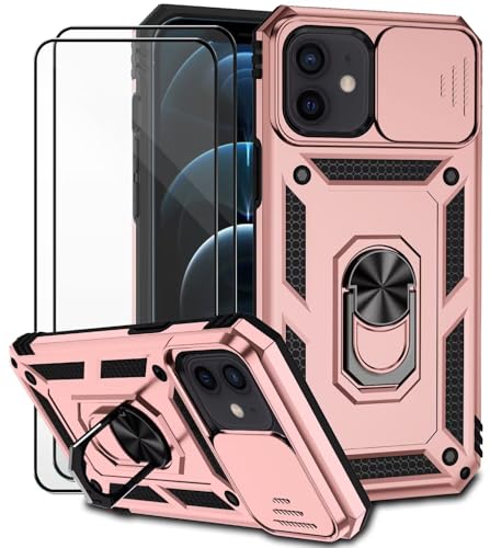 Dechyi für iPhone 12/12 Pro Hülle mit Panzerglas Schutzfolie Schutzhülle mit Kameraschieber Case 360° Drehbarer Militä Ständer Stoßfest Cover-Rosa von Dechyi