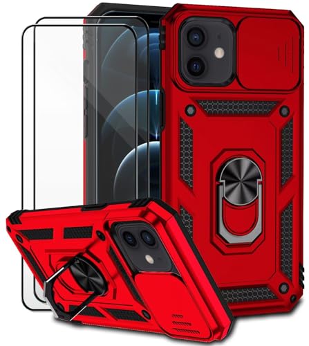 Dechyi für iPhone 12/12 Pro Hülle mit Panzerglas Schutzfolie Schutzhülle mit Kameraschieber Case 360° Drehbarer Militä Ständer Stoßfest Cover-Rot von Dechyi