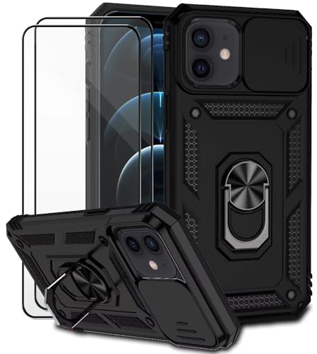 Dechyi für iPhone 12/12 Pro Hülle mit Panzerglas Schutzfolie Schutzhülle mit Kameraschieber Case 360° Drehbarer Militä Ständer Stoßfest Cover-Schwarz von Dechyi