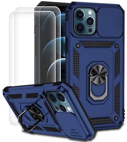 Dechyi für iPhone 12/12 Pro Hülle mit Panzerglas Schutzfolie Schutzhülle mit Kameraschieber Case 360° Drehbarer Militä Ständer Stoßfest Cover-blau von Dechyi