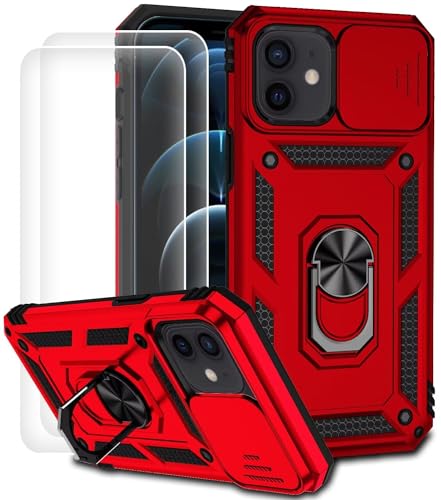 Dechyi für iPhone 12 Mini Hülle mit Panzerglas Schutzfolie Schutzhülle mit Kameraschieber Case 360° Drehbarer Militä Ständer Stoßfest Cover-Rot von Dechyi