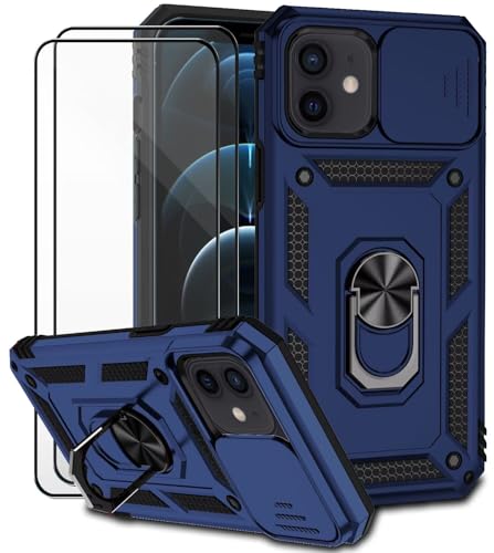 Dechyi für iPhone 12 Mini Hülle mit Panzerglas Schutzfolie Schutzhülle mit Kameraschieber Case 360° Drehbarer Militä Ständer Stoßfest Cover-blau von Dechyi