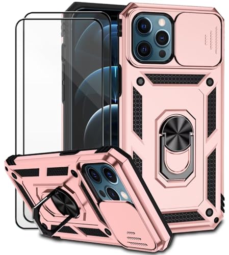 Dechyi für iPhone 12 Pro Max Hülle mit Panzerglas Schutzfolie Schutzhülle mit Kameraschieber Case 360° Drehbarer Militä Ständer Stoßfest Cover-Rosa von Dechyi