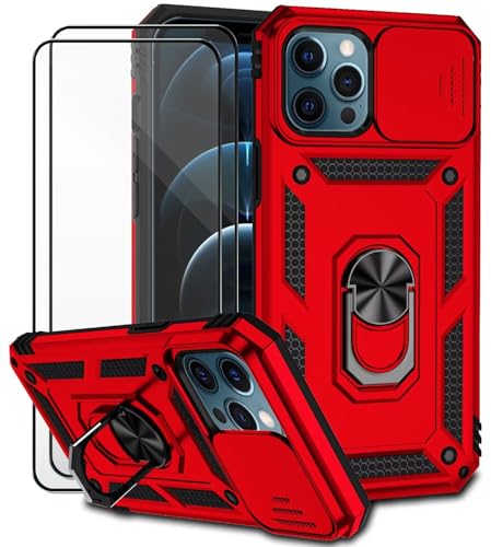 Dechyi für iPhone 12 Pro Max Hülle mit Panzerglas Schutzfolie Schutzhülle mit Kameraschieber Case 360° Drehbarer Militä Ständer Stoßfest Cover-Rot von Dechyi