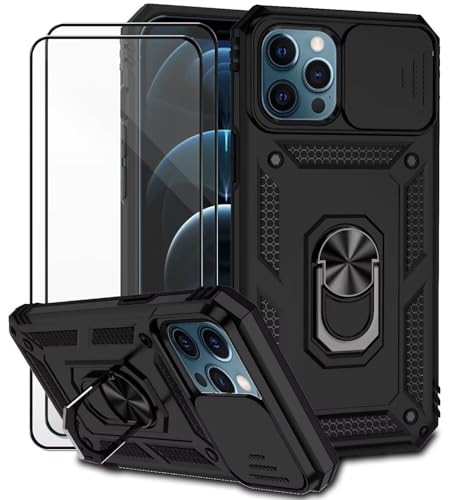 Dechyi für iPhone 12 Pro Max Hülle mit Panzerglas Schutzfolie Schutzhülle mit Kameraschieber Case 360° Drehbarer Militä Ständer Stoßfest Cover-Schwarz von Dechyi