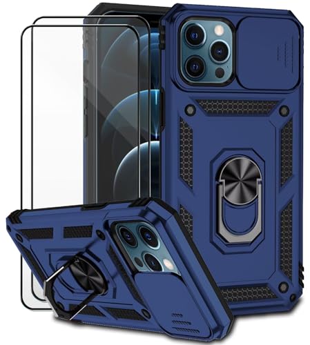 Dechyi für iPhone 12 Pro Max Hülle mit Panzerglas Schutzfolie Schutzhülle mit Kameraschieber Case 360° Drehbarer Militä Ständer Stoßfest Cover-blau von Dechyi