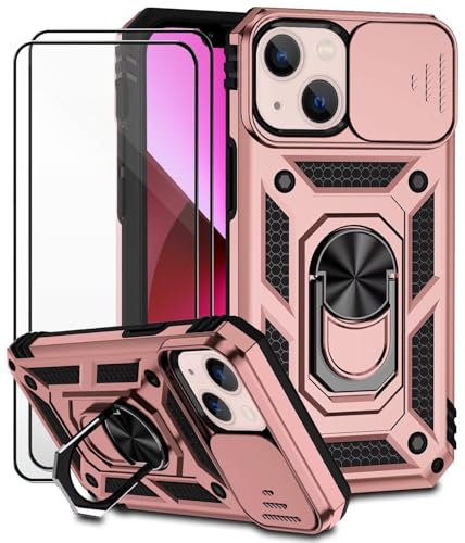 Dechyi für iPhone 13 Mini Hülle mit Panzerglas Schutzfolie Schutzhülle mit Kameraschieber Case 360° Drehbarer Militä Ständer Stoßfest Cover-Rosa von Dechyi