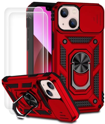 Dechyi für iPhone 13 Mini Hülle mit Panzerglas Schutzfolie Schutzhülle mit Kameraschieber Case 360° Drehbarer Militä Ständer Stoßfest Cover-Rot von Dechyi