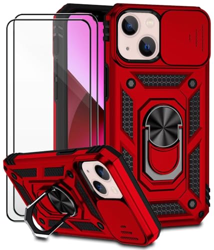 Dechyi für iPhone 13 Mini Hülle mit Panzerglas Schutzfolie Schutzhülle mit Kameraschieber Case 360° Drehbarer Militä Ständer Stoßfest Cover-Rot von Dechyi