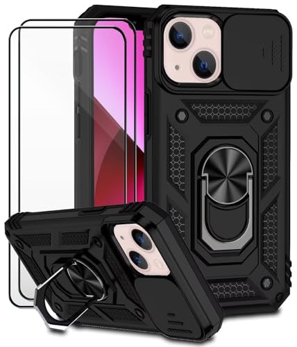 Dechyi für iPhone 13 Mini Hülle mit Panzerglas Schutzfolie Schutzhülle mit Kameraschieber Case 360° Drehbarer Militä Ständer Stoßfest Cover-Schwarz von Dechyi