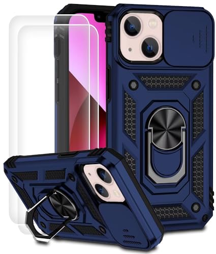 Dechyi für iPhone 13 Mini Hülle mit Panzerglas Schutzfolie Schutzhülle mit Kameraschieber Case 360° Drehbarer Militä Ständer Stoßfest Cover-blau von Dechyi