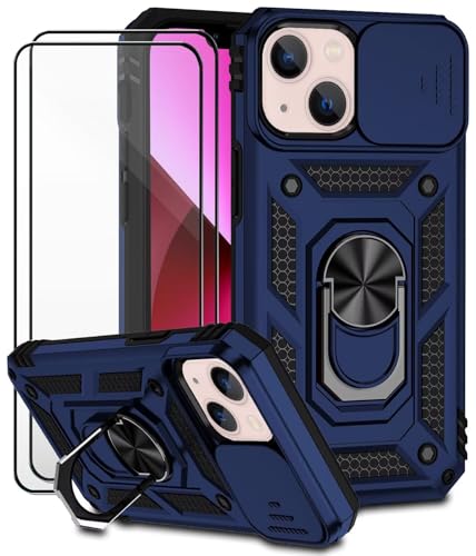 Dechyi für iPhone 13 Mini Hülle mit Panzerglas Schutzfolie Schutzhülle mit Kameraschieber Case 360° Drehbarer Militä Ständer Stoßfest Cover-blau von Dechyi