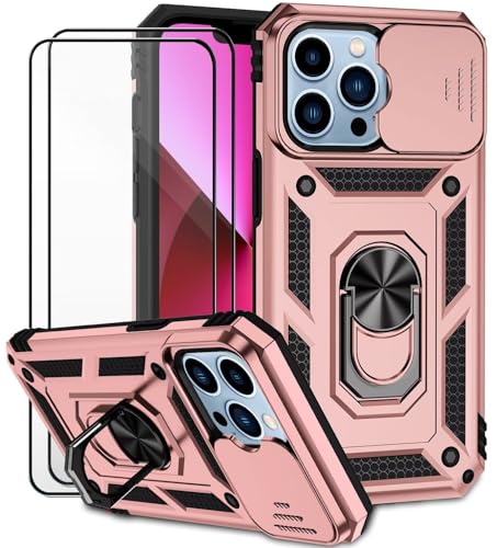 Dechyi für iPhone 13 Pro Hülle mit Panzerglas Schutzfolie Schutzhülle mit Kameraschieber Case 360° Drehbarer Militä Ständer Stoßfest Cover-Rosa von Dechyi