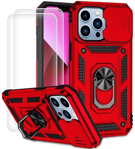 Dechyi für iPhone 13 Pro Hülle mit Panzerglas Schutzfolie Schutzhülle mit Kameraschieber Case 360° Drehbarer Militä Ständer Stoßfest Cover-Rot von Dechyi