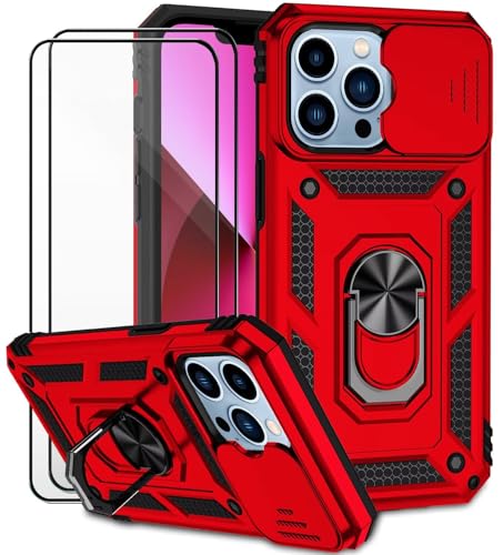 Dechyi für iPhone 13 Pro Hülle mit Panzerglas Schutzfolie Schutzhülle mit Kameraschieber Case 360° Drehbarer Militä Ständer Stoßfest Cover-Rot von Dechyi