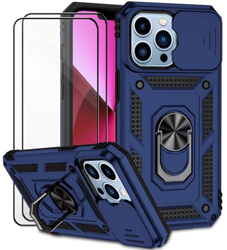 Dechyi für iPhone 13 Pro Hülle mit Panzerglas Schutzfolie Schutzhülle mit Kameraschieber Case 360° Drehbarer Militä Ständer Stoßfest Cover-blau von Dechyi