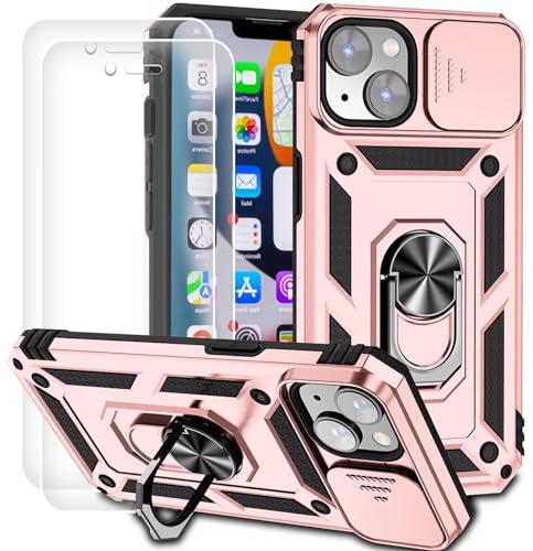 Dechyi für iPhone 14 (6.1") Hülle mit Panzerglas Schutzfolie Schutzhülle mit Kameraschieber Case 360° Drehbarer Militä Ständer Stoßfest Cover-Rosa von Dechyi