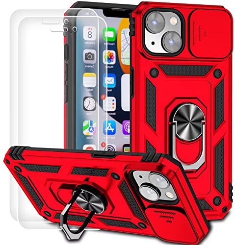 Dechyi für iPhone 14 (6.1") Hülle mit Panzerglas Schutzfolie Schutzhülle mit Kameraschieber Case 360° Drehbarer Militä Ständer Stoßfest Cover-Rot von Dechyi